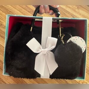 Black Faux Fur Handbag with White Bow